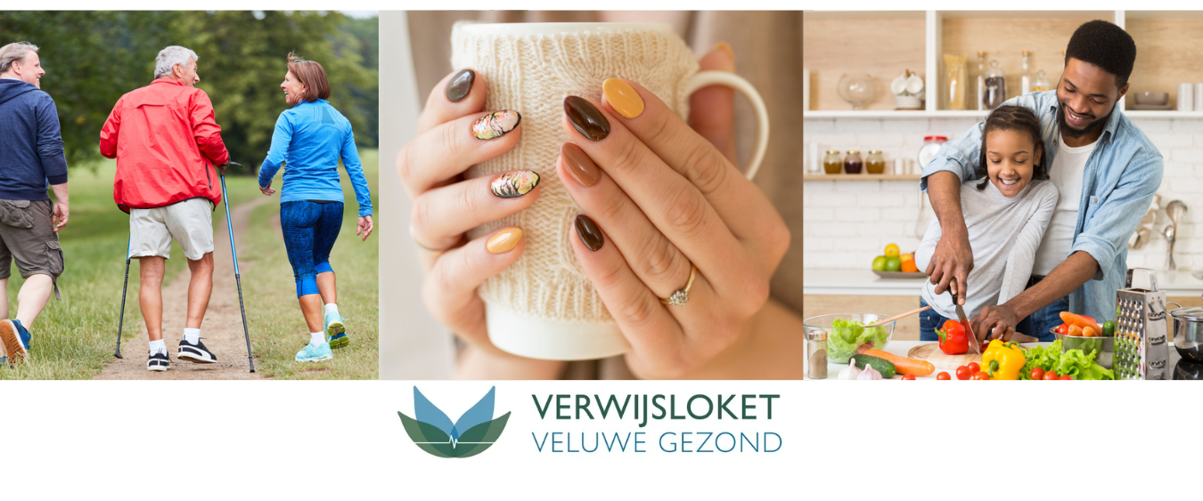 Logo van Verwijsloket VeluweGezond met beelden van activiteiten