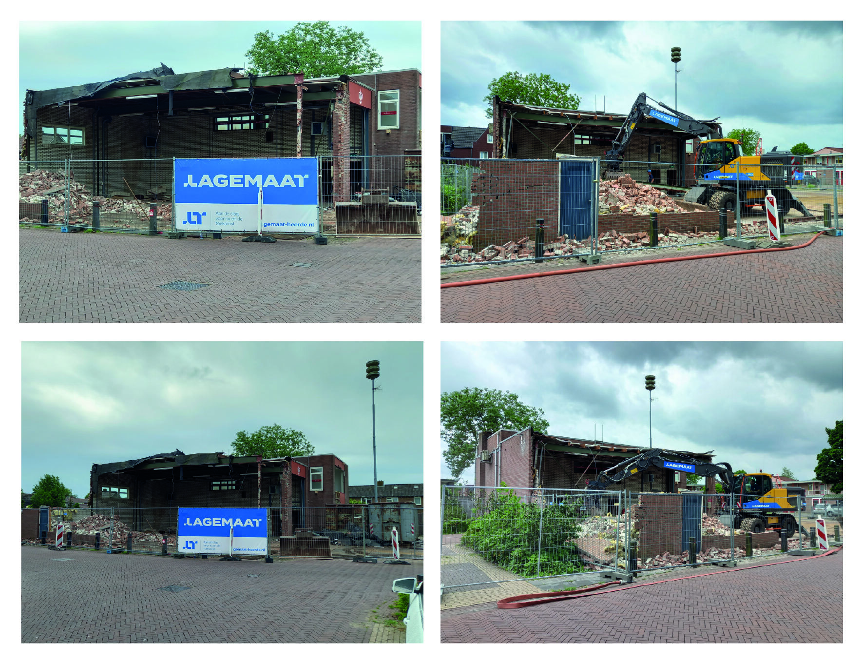 Voortgang sloop oude brandweerkazerne. Op de foto's is te zien hoe het gebouw van de voormalige brandweerkazerne gesloopt wordt om plaats te maken voor een appartementsgebouw.