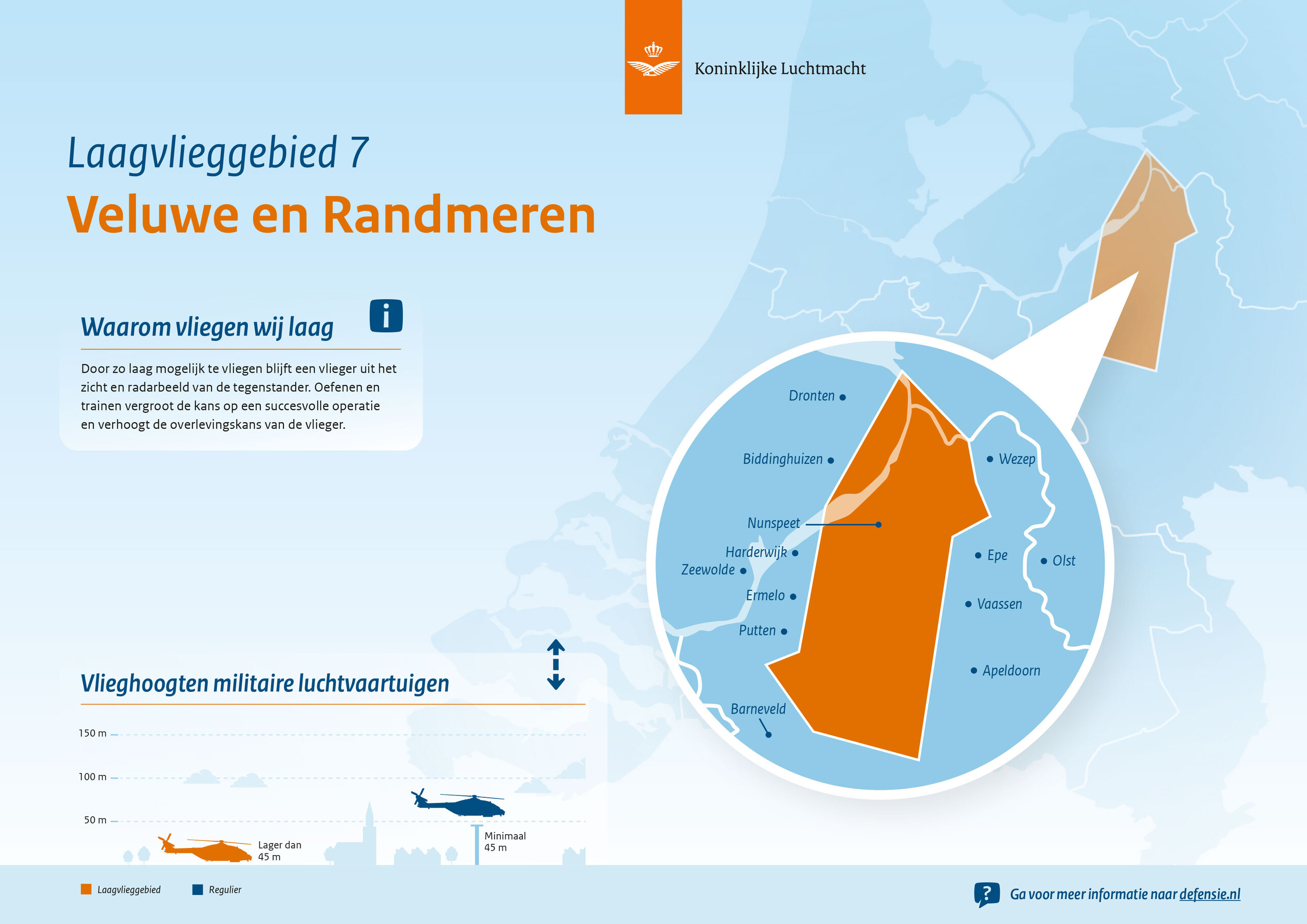 Op deze infographic staat een kaartje met het laagvlieggebied in de Veluwe en Randmeren. Dit zijn de gemeenten Apeldoorn, Elburg, Epe, Ermelo, Harderwijk, Nunspeet, Oldebroek, Putten en Dronten.