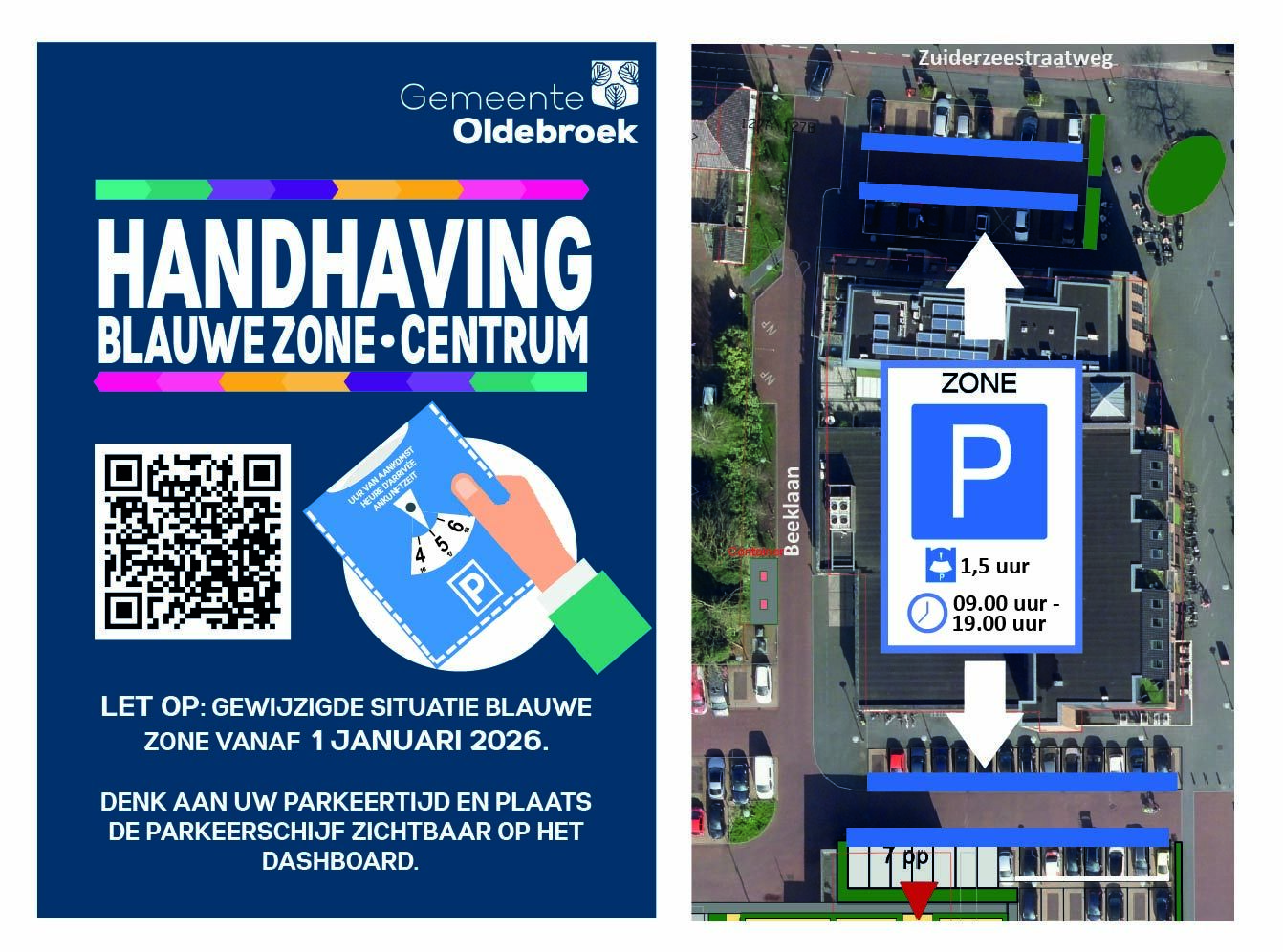 Gewijzigde blauwe zone in Oldebroek centrum met maximaal anderhalf uur parkeren tussen 9 en 7 uur rondom het winkelcentrum